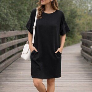 COS Black Cotton Dress with Puff Sleeves Size S Oversized Pockets Sporty Casual